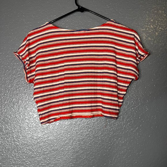 Volcom Girls M 8 Striped Crop Top Red Blue Short Sleeve Ribbed Stretch Tee - Picture 4 of 8